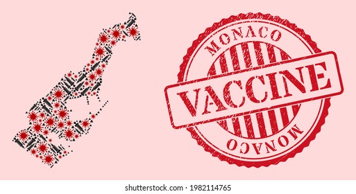 Vector mosaic Monaco map of corona virus, vaccination icons, and red grunge vaccine stamp. Virus cells and inoculation particles inside Monaco map.