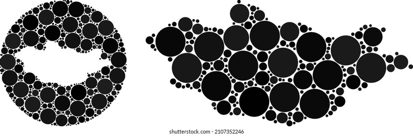 Vector mosaic Mongolia map of circle items. Mosaic geographic Mongolia map is designed as carved shape from circle with circle elements in black color hues. Pixel vector mosaic Mongolia map.