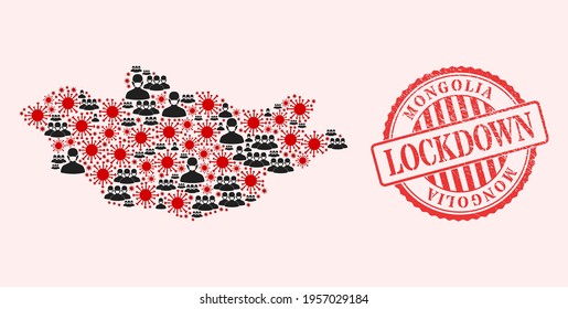Vector mosaic Mongolia map of covid-2019 virus, masked people and red grunge lockdown seal stamp. Virus cells and men in masks inside Mongolia map.