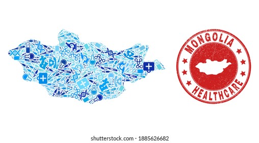 Vector mosaic Mongolia map with inoculation icons, receipt symbols, and grunge doctor rubber imitation. Red round seal with corroded rubber texture and Mongolia map caption and map.