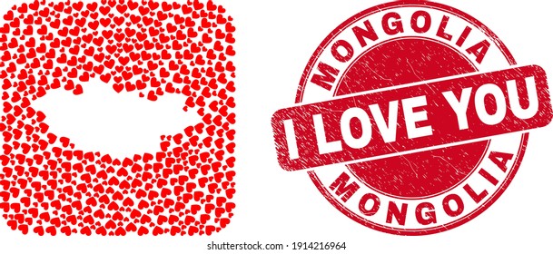 Vector mosaic Mongolia map of love heart elements and grunge love seal stamp. Collage geographic Mongolia map designed as subtraction from rounded square shape with love hearts.