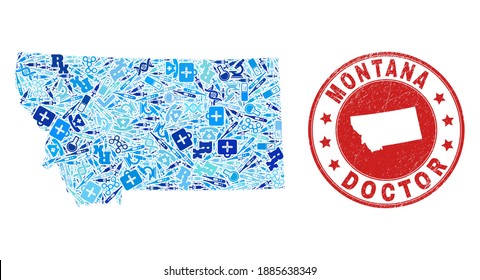 Vector mosaic Montana State map with healthcare icons, receipt symbols, and grunge health care imprint. Red round imprint with grunge rubber texture and Montana State map word and map.