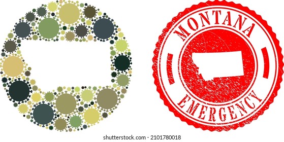 Vector mosaic Montana State map of SARS virus elements and grunge EMERGENCY seal stamp.