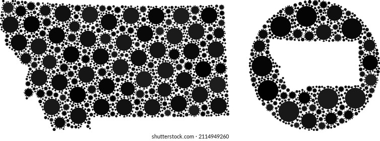 Vector mosaic Montana State map of sars virus items. Mosaic geographic Montana State map created as hole from round shape with SARS virus icons in black colors. Abstraction for isolation warnings.