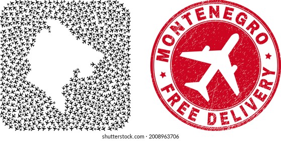 Vector mosaic Montenegro map of air force items and grunge Free Delivery seal stamp.