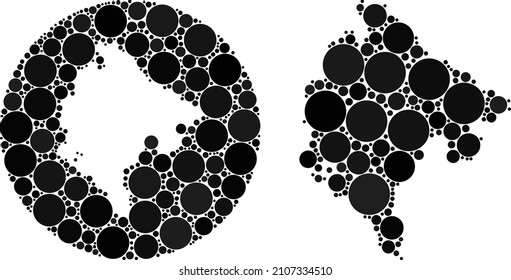 Vector mosaic Montenegro map of circle elements. Mosaic geographic Montenegro map is created as carved shape from circle with round elements in black color hues.