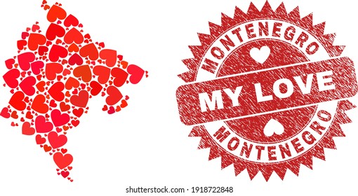 Vector mosaic Montenegro map of love heart items and grunge My Love stamp. Mosaic geographic Montenegro map constructed with valentine hearts.