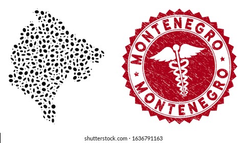 Vector mosaic Montenegro map and red round grunge stamp seal with health care icon. Montenegro map collage constructed with elliptic elements. Red round health care seal stamp, with dirty texture.