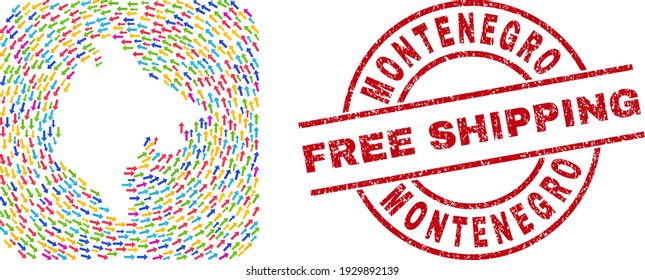 Vector mosaic Montenegro map of rotation arrows and rubber Free Shipping badge. Mosaic geographic Montenegro map constructed with colorful rotation arrows around rounded square subtraction.