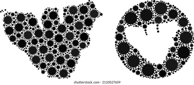 Vector mosaic Moorea Island map of covid items. Mosaic geographic Moorea Island map created as carved shape from round shape with covid-2019 items in black colors. Abstraction for pandemic templates.