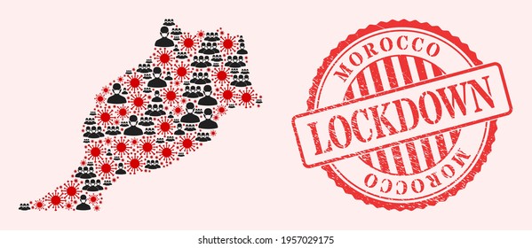 Vektormosaik Marokko Karte des Corona-Virus, maskierte Männer und roten Schornstempel. Viruspartikel und Menschen in Masken in Marokko Karte. Rote Stempel mit grunge Kautschuk Textur und LOCKDOWN Wort.