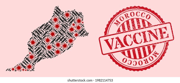 Vector mosaic Morocco map of covid-2019 virus, vaccine icons, and red grunge vaccine seal stamp. Virus items and vaccine items inside Morocco map.