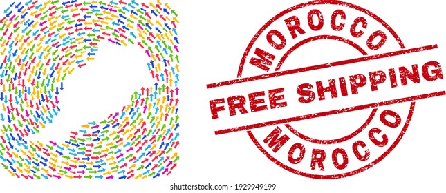 Vector mosaic Morocco map of pointer arrows and grunge Free Shipping seal stamp. Rounded square geographic Mosaic Morocco map constructed with colorful arrows