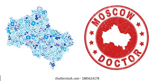 Mapa de mosaico vectorial de la región de Moscú con iconos de inyección, símbolos de laboratorio y la imitación de goma de los médicos gruesos. Sello rojo redondo con textura de goma gruesa y mapa de la región de Moscú.