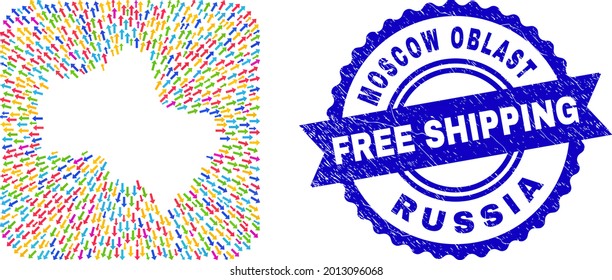 Vector mosaic Moscow Region map of arrows and rubber Free Shipping stamp. Mosaic Moscow Region map designed as hole from rounded square shape with emigration arrows.