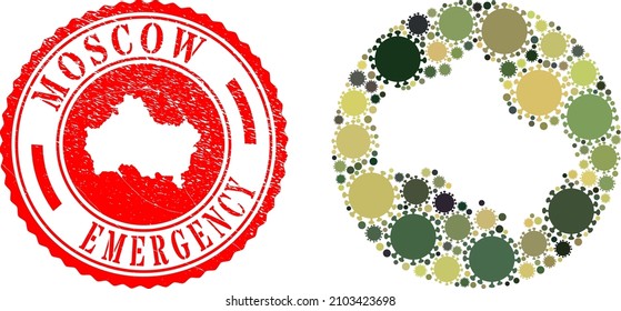 Vector mosaic Moscow Region map of virus outbreak items and grunge EMERGENCY seal stamp.