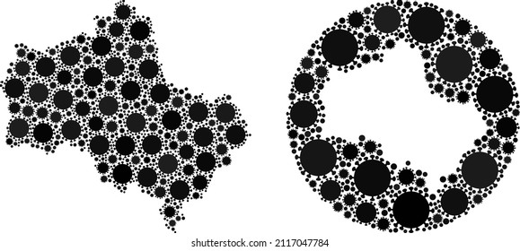 Vector mosaic Moscow Region map of covid-2019 elements. Mosaic geographic Moscow Region map constructed as carved shape from round shape with covid icons in black color hues.