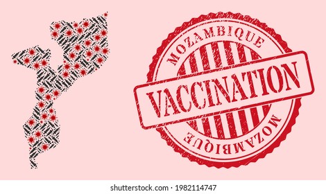 Mosaik Vektor Mosambik Karte des Grippevirus, der Spritzensymbole und der roten Grunge-Impfsiegel. Viruspartikel und Spritzenartikel in der Mosambik-Karte.