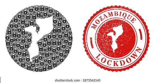 Vector mosaic Mozambique map of locks and grunge LOCKDOWN seal. Mosaic geographic Mozambique map created as subtraction from round shape with black locks.