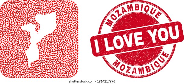 Vector mosaic Mozambique map of lovely heart items and grunge love stamp. Mosaic geographic Mozambique map designed as subtraction from rounded square shape with valentine hearts.