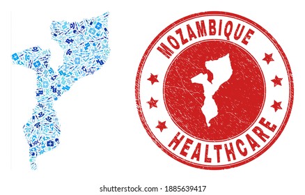 Vector mosaic Mozambique map with vaccination icons, first aid symbols, and grunge doctor watermark. Red round imprint with grunge rubber texture and Mozambique map caption and map.