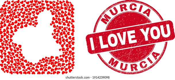 Vector mosaic Murcia Province map of love heart elements and grunge love stamp. Mosaic geographic Murcia Province map created as carved shape from rounded square with lovely hearts.
