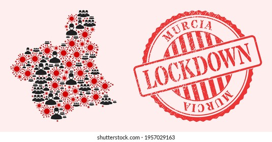 Vector mosaic Murcia Province map of corona virus, masked men and red grunge lockdown seal. Virus elements and people in masks inside Murcia Province map.
