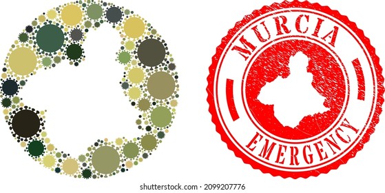 Vector mosaic Murcia Province map of SARS virus items and grunge EMERGENCY stamp.
