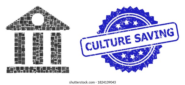 Vector mosaic museum, and Culture Saving unclean rosette stamp seal. Blue stamp seal includes Culture Saving tag inside rosette. Square spots are grouped into abstract collage museum icon.