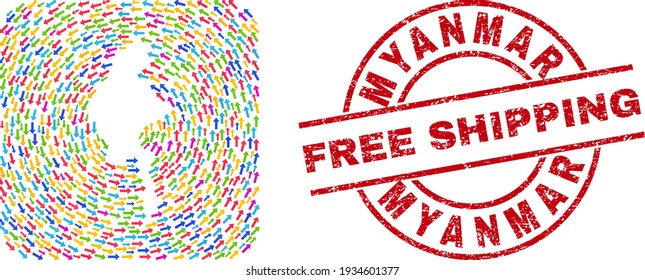 Vector mosaic Myanmar map of direction arrows and rubber Free Shipping stamp. Mosaic geographic Myanmar map designed with colorful surrounding arrows inside rounded square hole.