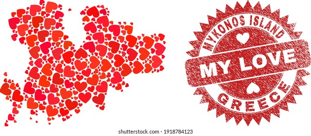 Mosaico vectorial de la isla de Mykonos mapa de los ítems del corazón de amor y estampado de la sello de mi amor. Mapa geográfico de la isla de Mykonos collage creado con corazones de amor.