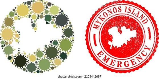 Vector mosaic Mykonos Island map of covid-2019 icons and grunge EMERGENCY badge.
