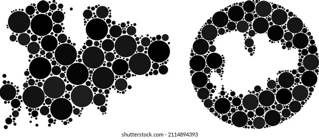 Vector mosaic Mykonos Island map of sphere items. Mosaic geographic Mykonos Island map constructed as carved shape from round shape with spheric dots in black color hues.