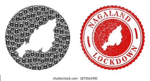 Vector mosaic Nagaland State map of locks and grunge LOCKDOWN seal stamp. Mosaic geographic Nagaland State map designed as hole from round shape with black locks.