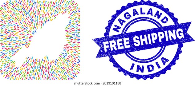 Vector mosaic Nagaland State map of evacuation arrows and rubber Free Shipping seal. Mosaic Nagaland State map created as carved shape from rounded square shape using movement arrows.
