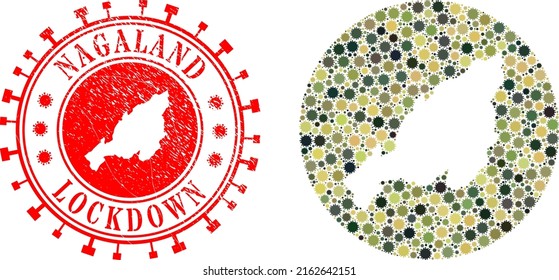 Vector mosaic Nagaland State map of flu virus icons and grunge LOCKDOWN seal. Mosaic geographic Nagaland State map created as stencil from circle with flu virus elements in khaki army color hues.