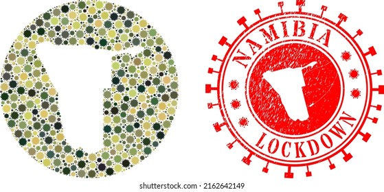 Vector mosaic Namibia map of covid-2019 elements and grunge LOCKDOWN seal. Mosaic geographic Namibia map constructed as stencil from circle with covid-2019 elements in camouflage army color hues.