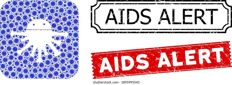 Vector mosaic nanobot and grunge AIDS Alert seals. Mosaic nanobot created as hole from rounded square with blue virulent items. Red and black watermarks with corroded style and AIDS Alert word.