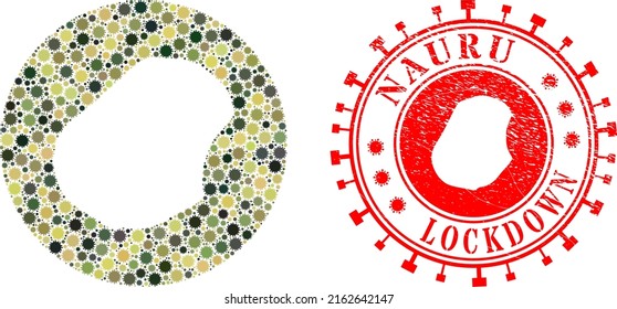 Vector mosaic Nauru map of virus elements and grunge LOCKDOWN badge. Mosaic geographic Nauru map created as carved shape from round shape with flu virus elements in camo army color hues.