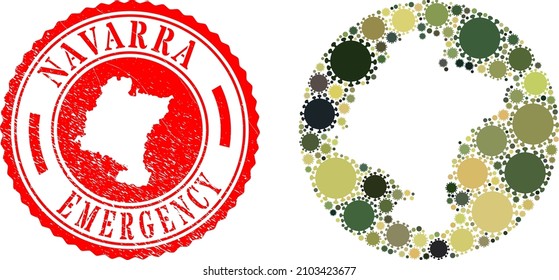 Vector mosaic Navarra Province map of covid-2019 elements and grunge EMERGENCY badge.