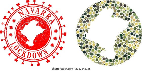 Vector mosaic Navarra Province map of covid virus icons and grunge LOCKDOWN seal.