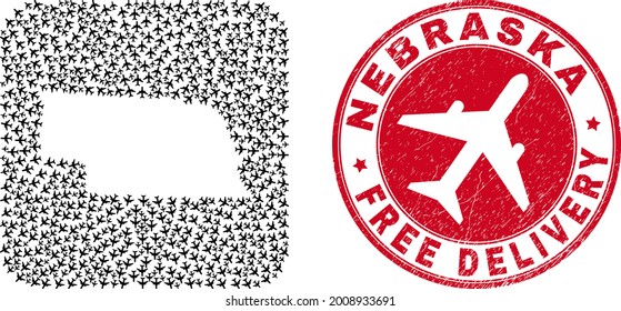 Vector mosaic Nebraska State map of air force items and grunge Free Delivery stamp. Collage geographic Nebraska State map created as hole from rounded square shape with departing aviation items.