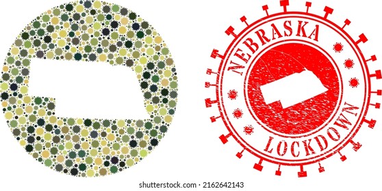 Vector mosaic Nebraska State map of flu virus icons and grunge LOCKDOWN seal stamp.