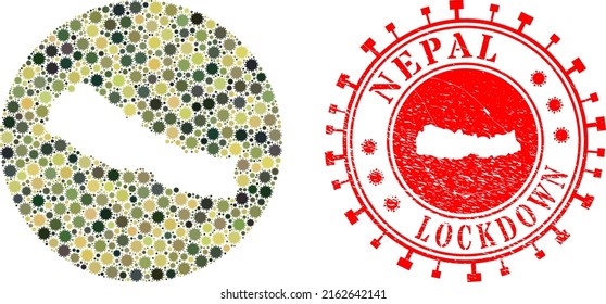 Mapa de mosaico vectorial Nepal de iconos de virus cóvidos y estampado de LOCKDOWN grunge. Mapa geográfico mosaico de Nepal creado como hueco de un círculo con ítems víricos en matices de color del ejército de camuflaje.