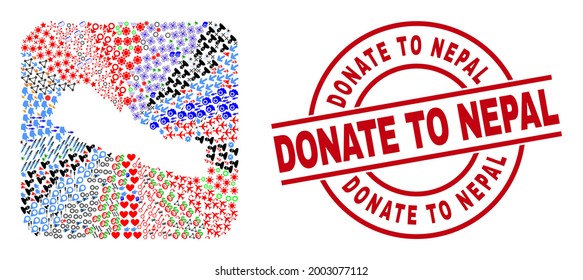 Vector mosaic Nepal map of different icons and Donate to Nepal badge. Mosaic Nepal map designed as subtraction from rounded square shape. Red round watermark with Donate to Nepal tag.