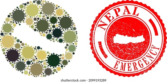 Vector mosaic Nepal map of sars virus elements and grunge EMERGENCY stamp. Mosaic geographic Nepal map created as stencil from circle with coronavirus elements in camo army color hues.