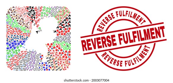 Vector mosaic Netherlands map of different icons and Reverse Fulfilment seal stamp. Mosaic Netherlands map created as subtraction from rounded square. Red round watermark with Reverse Fulfilment text.