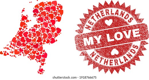 Vector mosaic Netherlands map of lovely heart items and grunge My Love seal. Collage geographic Netherlands map designed with lovely hearts.