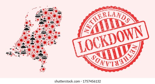 Vector mosaic Netherlands map of SARS virus, masked people and red grunge lockdown stamp. Virus cells and men in masks inside Netherlands map. Red stamp with corroded rubber texture and LOCKDOWN text.
