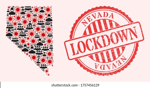 Vector mosaic Nevada State map of flu virus, masked people and red grunge lockdown seal. Virus elements and people in masks inside Nevada State map.